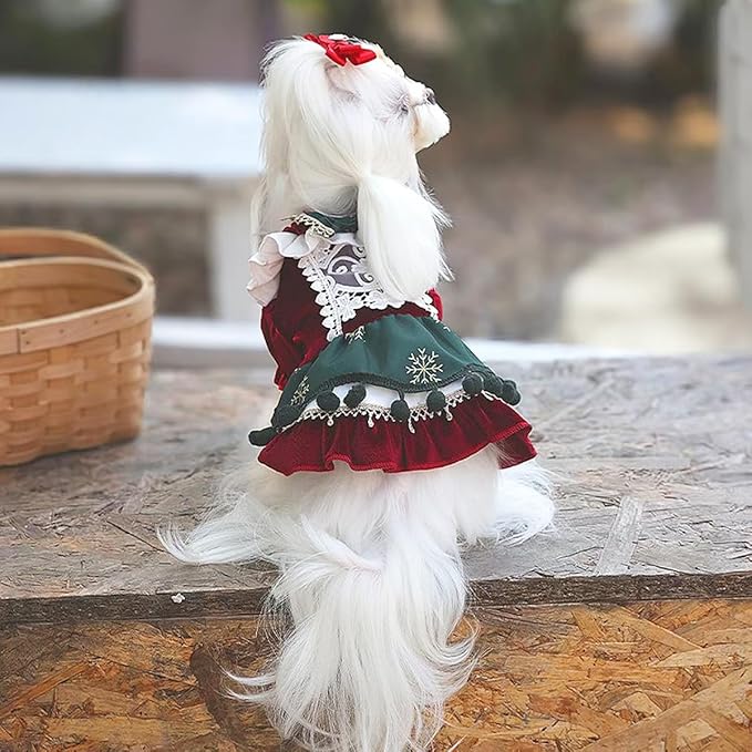 MengYu Princess Dresses for Small Dog Lolita Clothes for Cat Velvet Costume Pretty Lace Outfits Fall Costumes (Red&Green, L)