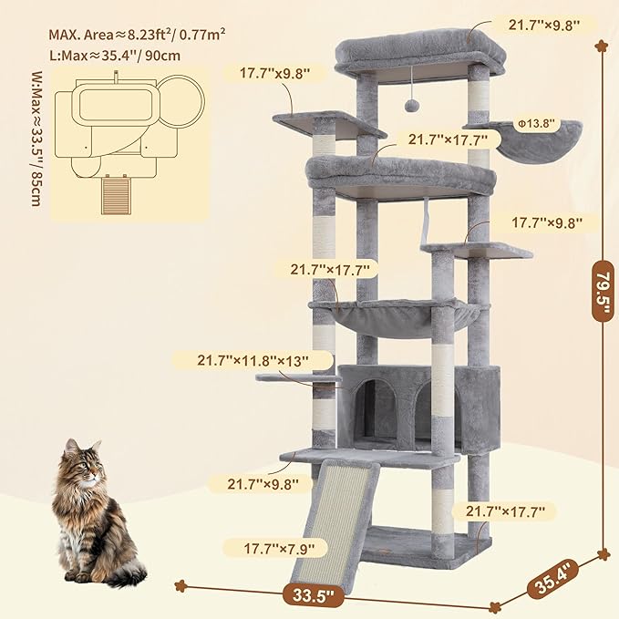 Heybly Tall Cat Tree for Large Cat, 80-inch Multi-Level Cat Tower for Indoor Cats with Large Baseboard, Condo Furniture with 2 Widened Plush Perches,Scratching Board and Big Caves, Light Gray HCT038W