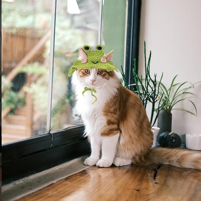 Frog Cat Hats, Cotton Cat Clothes, Cute Themed Knit Cats Bonnet for Costumes, Halloween, Christmas, Holiday Party