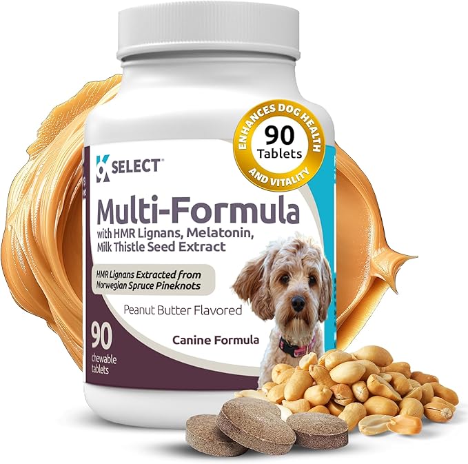 K9 Select Multi-Formula Dog Vitamins for Smaller Dogs - 10mg HMR Lignans, 1mg Melatonin, 20mg Milk Thistle - Helps Heart, Liver, Digestion, Skin & Coat Health, 90 Tablets, Peanut Butter Flavor