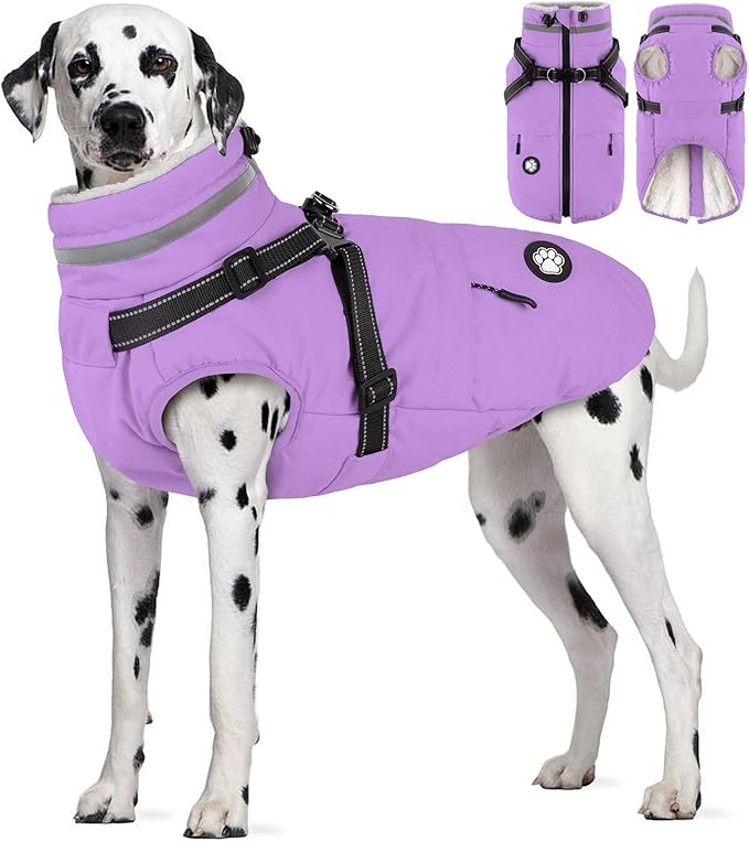 Dogcheer Dog Coat with Harness, Waterproof Dog Jacket, Reflective Puppy Winter Jacket with Pocket, Doggy Turtleneck Fleece Vest for Small Medium Large Dogs - Taro Purple, L