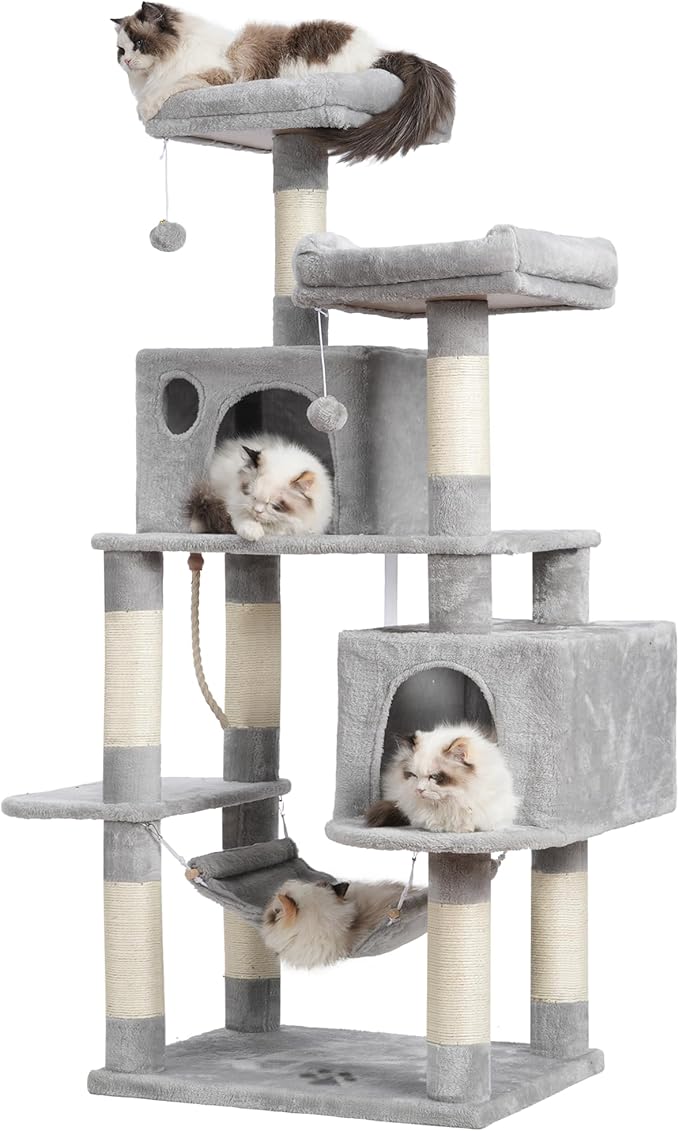 Hey-brother Large Multi-Level Cat Tree Condo Furniture with Sisal-Covered Scratching Posts, 2 Bigger Plush Condos, Perch Hammock for Kittens, Cats and Pets Light Gray MPJ020W