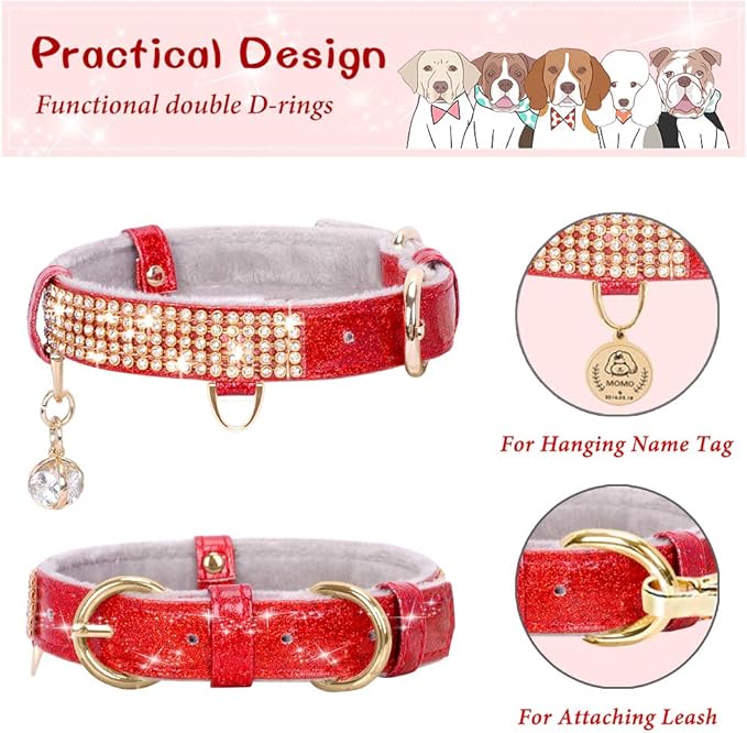 PetsHome Cat Collar, Dog Collar, [Bling Rhinestones] Premium PU Leather with Pendant Adjustable Collars for Small to Medium Dog Medium Red
