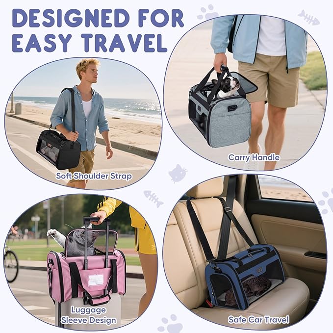 BALEINE Cat Carrier, Puppy Dog Carrier for Small Medium Pets Up to 15 Lbs, Soft-Sided Dog Travel Bag with Safety Zippers, Collapsible Pet Carrying Case (Gray, L, 17"x11"x11")