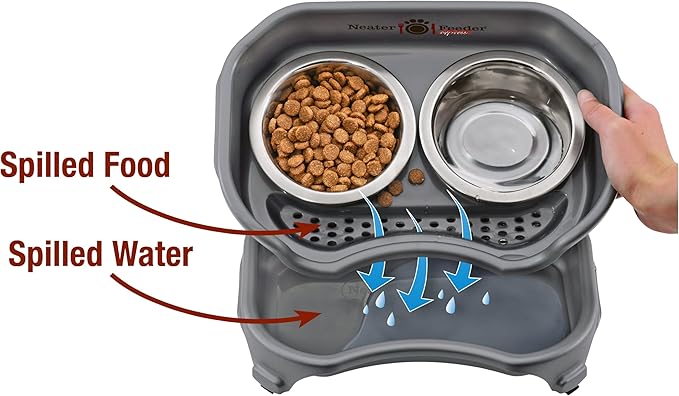 Neater Feeder Express Mess Proof Dog Bowls Elevated for Small Breeds Under 15 Lb, Made in USA, No Spill Raised Dog Food Bowl Stand, Stainless Steel Food and Water Bowl Set, Feeding Station, Grey