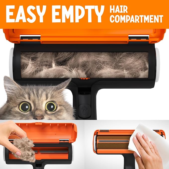 Triton Pet Hair Remover w/Fur Trapping Compartment - Easy to Use Pet Hair Removal Tool - Detachable Handle Cat & Dog Hair Remover for Car, Furniture, Clothes, Couch - Reusable Lint Roller (Orange)