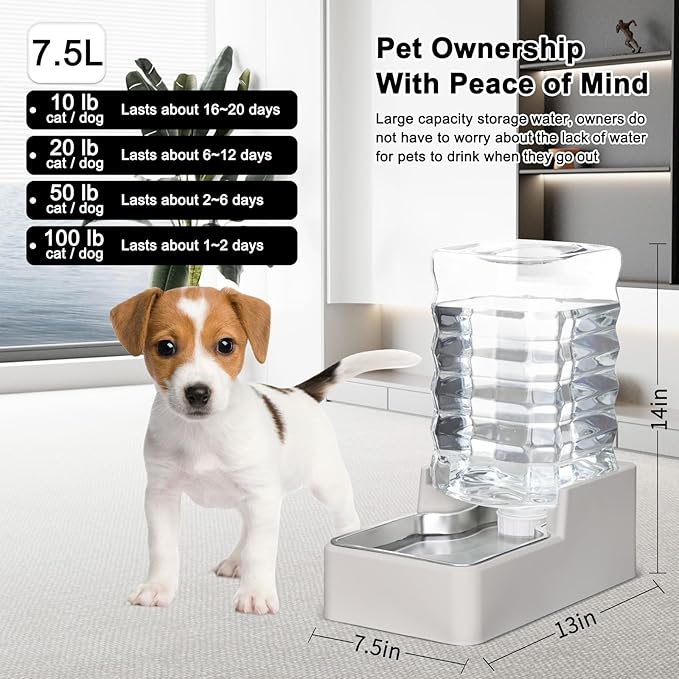 RIZZARI Stainless Steel Pet Water Feeder: 7.5L Beige Automatic Leak-Proof Gravity Dispenser for 20-35 LB Dogs with Arthritis - Without Filter - Ideal for Living Room Kitchen