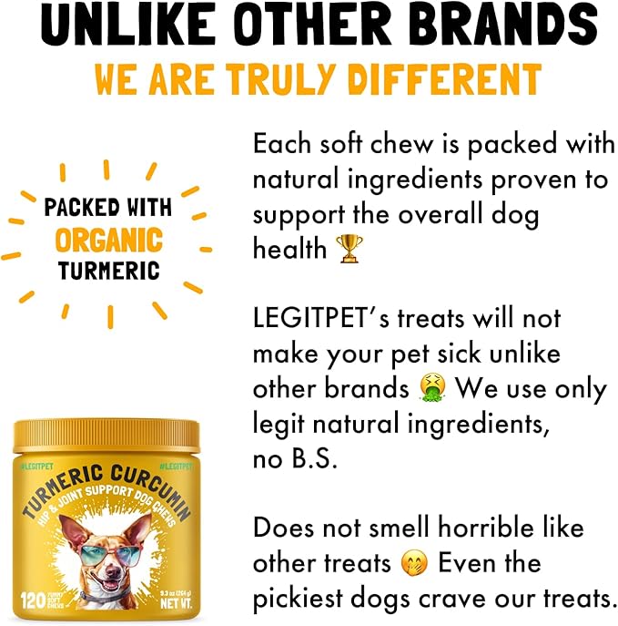 Turmeric Curcumin Hip & Joint Dogs Supplement Anti-Inflammatory Support for Arthritis & Mobility with Collagen & BioPerine Pain Relief Antioxidant Digestive Cardiovascular and Liver Health 120 Chews