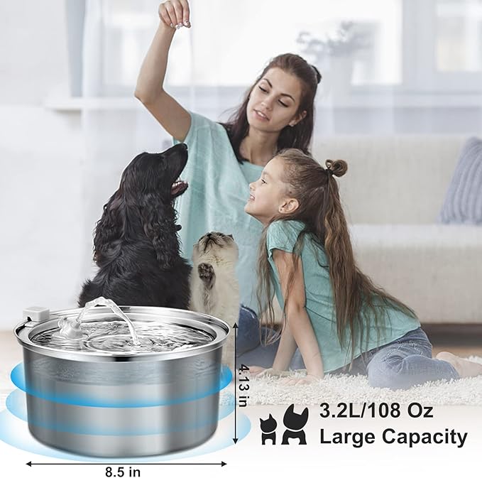 Automatic Stainless Steel Cat Water Fountain for Multi Pet Households, 3.2L/108oz, Large Capacity Dog Water Dispenser with Ultra Quiet Pump
