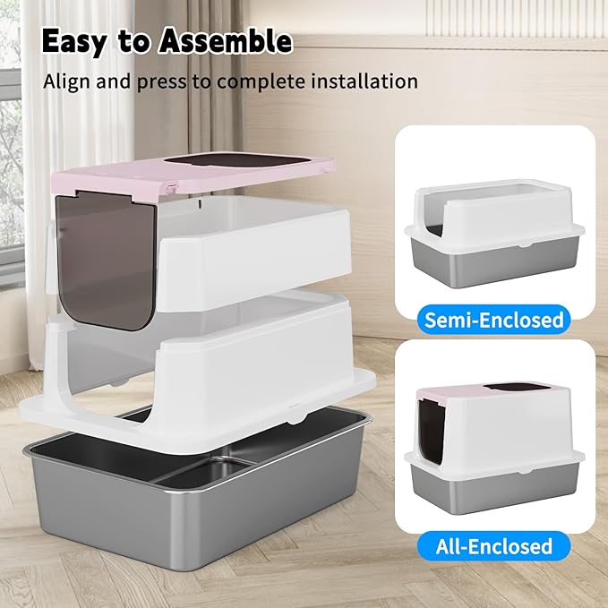 RIZZARI Enclosed Cat Litter Box: Pink Stainless Steel Odorless Cat Box - Top-Entry Design - Large Capacity High-Sided Leak Proof Litter Pan for Cats - Easy Clean Pet Toilet - for Living Room Bedroom