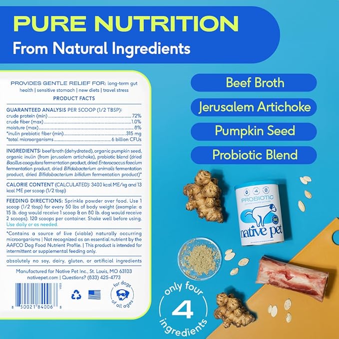 Native Pet Probiotics for Dogs - Dog Probiotics Powder for Digestive Health, Gut Support, & Immune Boost – Vet-Formulated Powder for Maximum Potency with Digestive Enzymes & Prebiotics - 120 Scoops