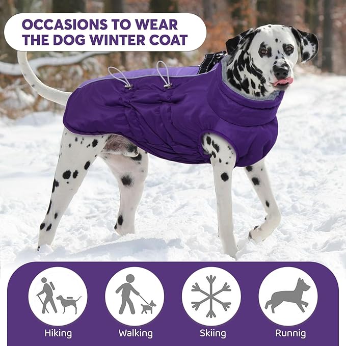IDOMIK Warm Dog Coat with Harness, Waterproof Reflective Dog Jackets for Small Medium Large Dogs, Fleece High Collar Winter Jacket with Zipper, Pet Winter Snowsuit Clothes for Cold Weather,Purple 3XL