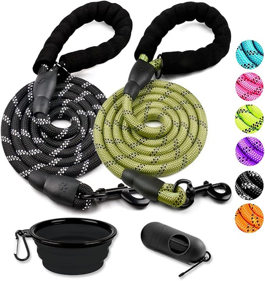 COOYOO 2 Pack Dog Leash 5 FT Heavy Duty - Comfortable Padded Handle - Reflective Dog Leash for Medium Large Dogs with Collapsible Pet Bowl¡­