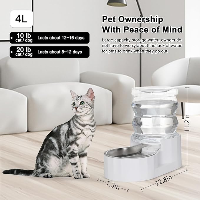 RIZZARI Pet Water Bowl Dispenser: 4L Automatic Stainless Steel Gravity Feeder - Large Capacity for 8-20 LB Cats and Dogs with Joint Spine Pain - for Kitchen Bedroom
