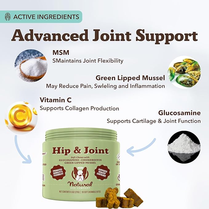 Natural Dog Company Hip & Joint Chews, Chicken Liver & Turmeric Flavor, with Glucosamine Chondroitin for Dogs, Maintains Bone and Joint Health, Supplements for Seniors and Puppies, 90 Count