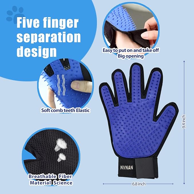 4Piece Dog Grooming Brush Set with Grooming Gloves, Deshedding Comb & Massage Bath Brush - Multifunctional Pet Hair Removal Tools for Shedding, Bathing, Brushing (Blue)