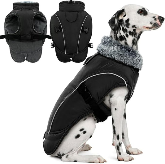 DENTRUN Dog Winter Coat - Windproof Reflective Jacket, Plush Turtleneck & Adjustable Belt, Water Repellent Fleece Lined Cold Weather Vest for Corgi Bulldog, Black, L