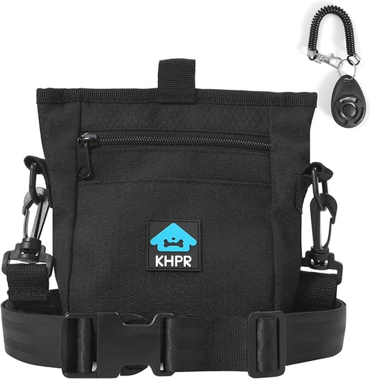 Dog Treat Pouch Magnetic Closure with Training Clicker，Hands-Free Design to Prevent Spills，Built in Poop Bag Dispenser，3 Ways To Wear，Metal Clip Waist Belt and Fanny Pack for Pet Walking（Black）