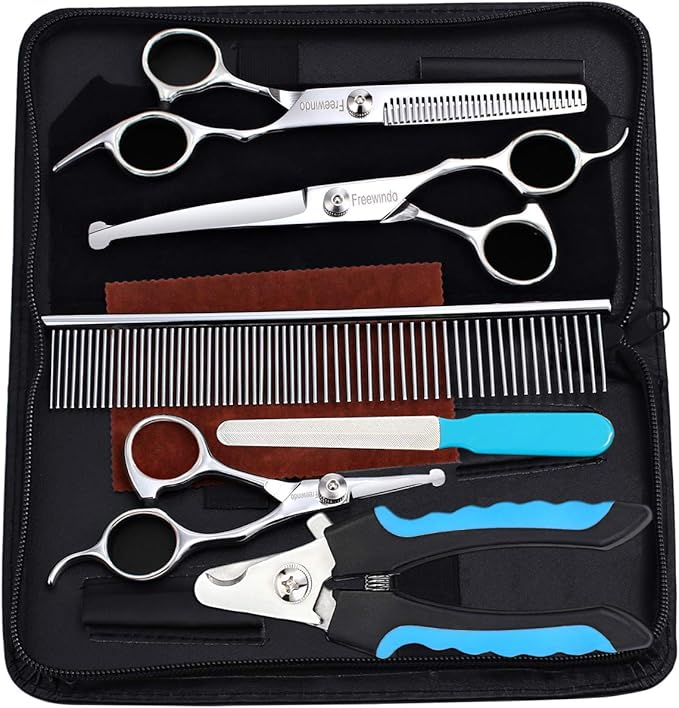Dog Grooming Scissors Kit, Safety Round Tip, Heavy Duty Stainless Steel Dog Scissors and Nail Clippers, 6 in 1 Dog Grooming Kit