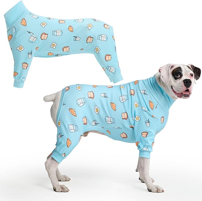 Spark Paws Dog Pajama, Dog Recovery Suit Male, Onesie, Ultra-Soft and 4-Way Stretch, for Small Medium and Large Breeds - Breakfast Blue - 3XL