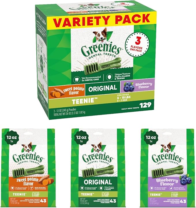 Greenies Teenie Dental Dog Treats 3-Flavor Variety Pack, (3) 12 oz. Pouches, 129 Total Treats