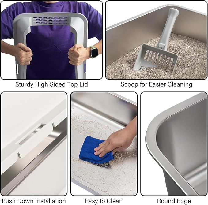Stainless Steel Cat Litter Box with Lid,XL Extra Large Litterox for Big Cats with High Sided,Non-Sticky,Easy Cleaning, Include Litter Mat &Scoop,23x14.6x9.9in