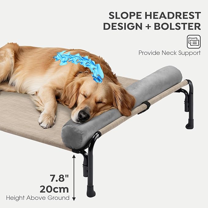 Veehoo Medium Elevated Dog Bed, Outdoor Raised Dog Cot Hammock Bed with One-Sided Removable Headrest Bolster, Cooling Breathable Washable Teslin Mesh, Off Ground, Anti-Slip, M, CWC2204BCP