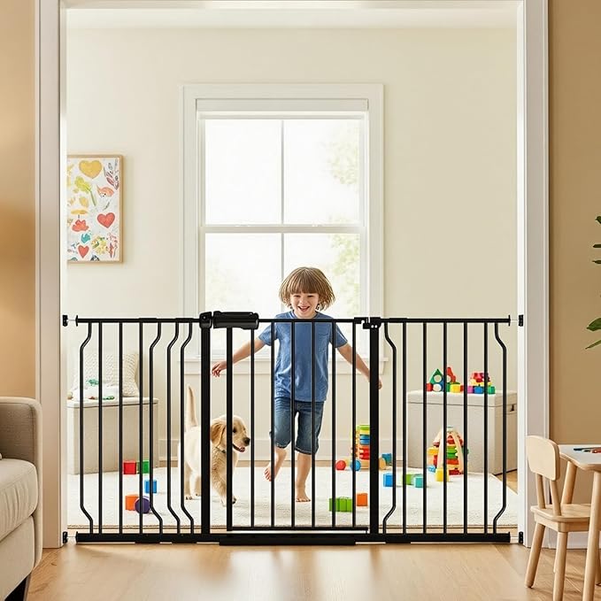 62.2"-71.65" Extra Wide Auto Closing Baby Safety Gate for Stairs & Doorways, Pressure Mounted No Drill Pet Gate with Walk-Through Door - Heavy Duty Childproof Gate for Toddlers, Kids, Dogs (Black)