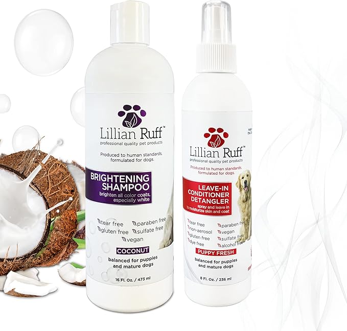 Lillian Ruff PRO Formula Ultra Brightening Dog Shampoo & Leave-in Conditioner Detangler Set - Professional Whitening, Stain Removal, Dematting, Detangling & Odor Control with Aloe & Provitamin B5