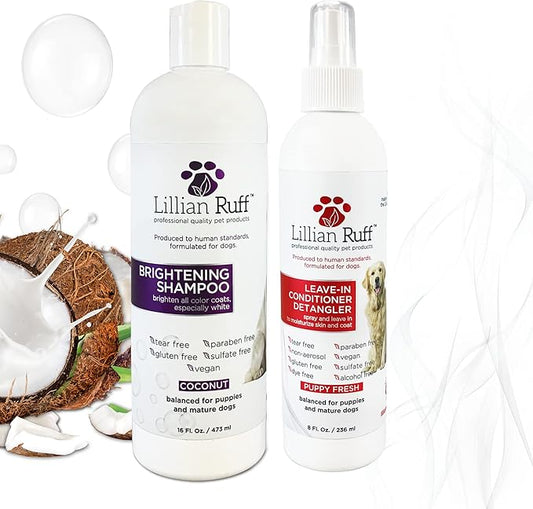 Lillian Ruff PRO Formula Ultra Brightening Dog Shampoo & Leave-in Conditioner Detangler Set - Professional Whitening, Stain Removal, Dematting, Detangling & Odor Control with Aloe & Provitamin B5
