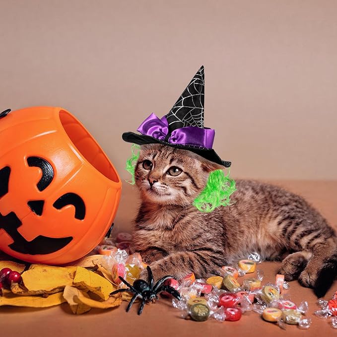 Halloween Witch Hat for Pet Cat Small Dog Puppy - Cat Witch Hat with Funny Wig - Black Polyester Cosplay Decor, Party Costume Accessory