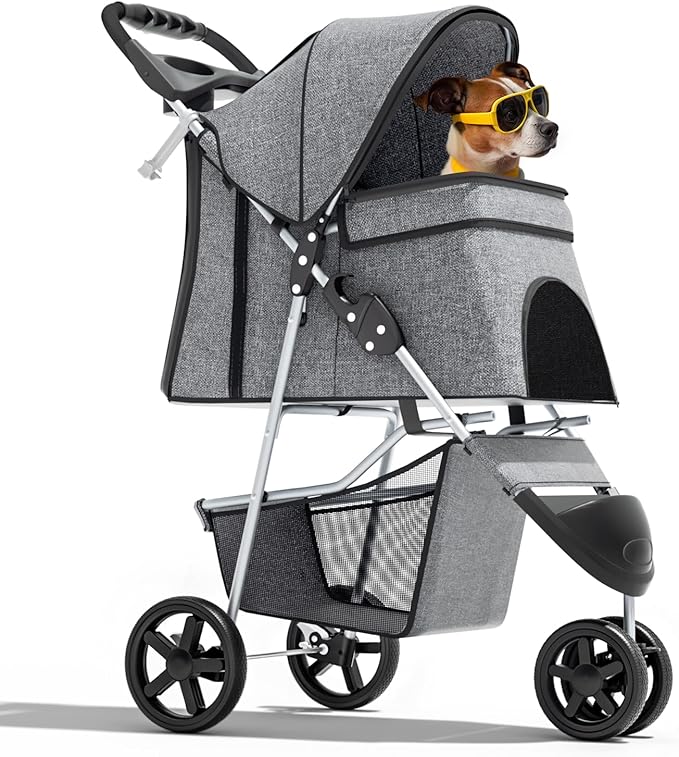 Magshion 3-Wheel Pet Stroller, Foldable Travel Jogger for Small & Medium Dogs & Cats (Up to 33lbs), Lightweight Carrier with Breathable Mesh Cover, Cup Holder & Storage Basket, Gray