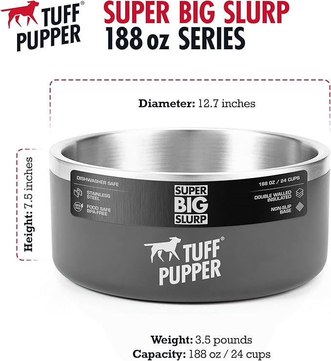 Tuff Pupper Heavy Duty Insulated Dog Bowl | Double Wall Stainless Steel Dog Food Dish | Non-Slip Spill Proof Dishwasher Safe Cat Bowl | Water Dish for Feeding Large Medium Small Pets (188oz, Grey)