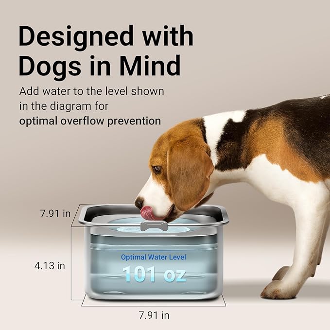 DownyPaws No Spill Water Bowl for Dogs,101oz/3L Stainless Steel Slobber Stopper, No Drip Slow Drinking Dog Water Bowl, No Mess Dog Water Dispenser Spill Proof, Dishwasher Safe, Silver