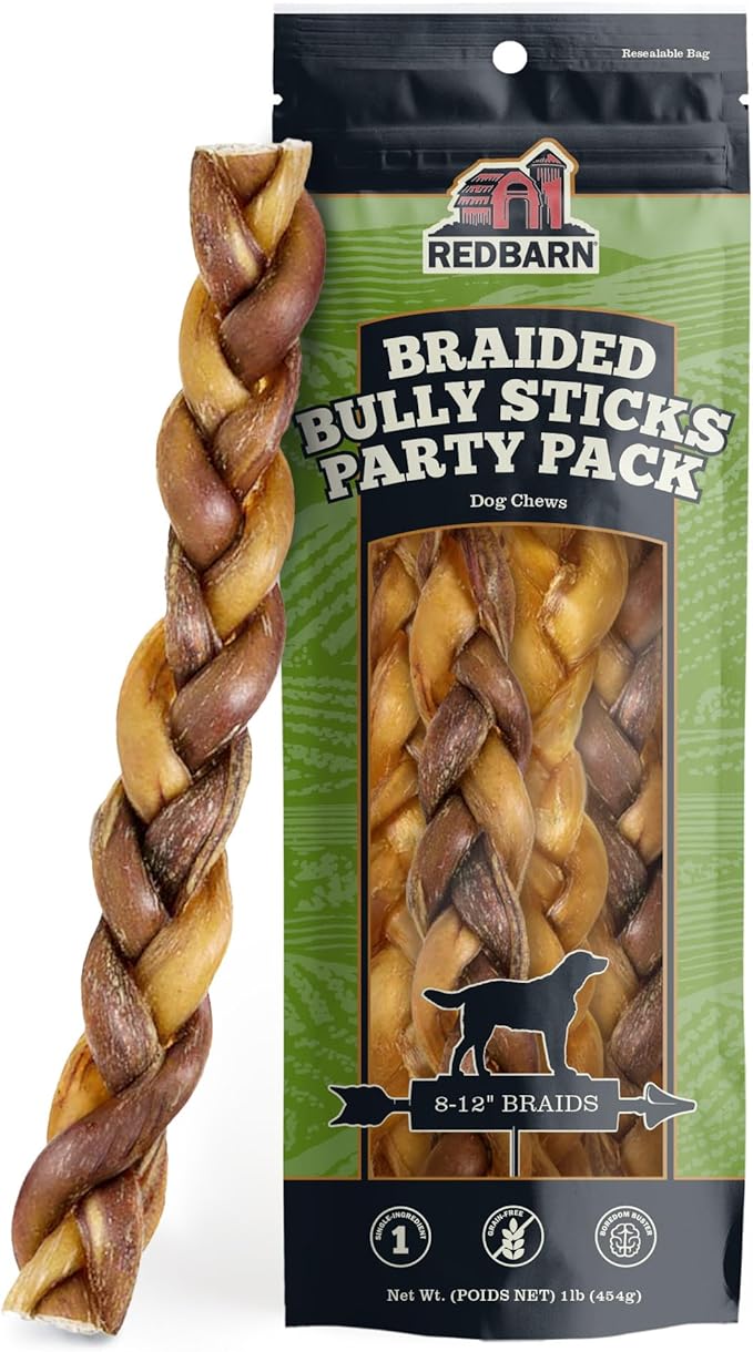 Redbarn Pet Products All Natural 8-12" Braided Bully Sticks for Medium & Large Dogs - Healthy Long Lasting Beef Chews Variety Party Pack - Single Ingredient Low Odor Rawhide Free - 1 lb Bag