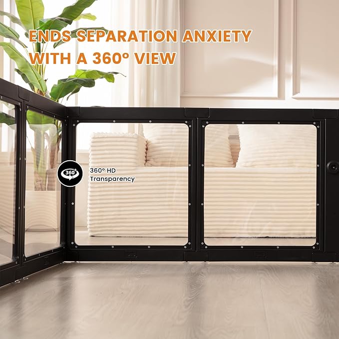 Clear Acrylic Dog Playpen Indoor, Puppy Cat Small Pet Play Pen, Pet Cat Foldable Playpen for Rabbits, Dog Fence Crate Kennel Whelping Cage (Black, 12 Panel)