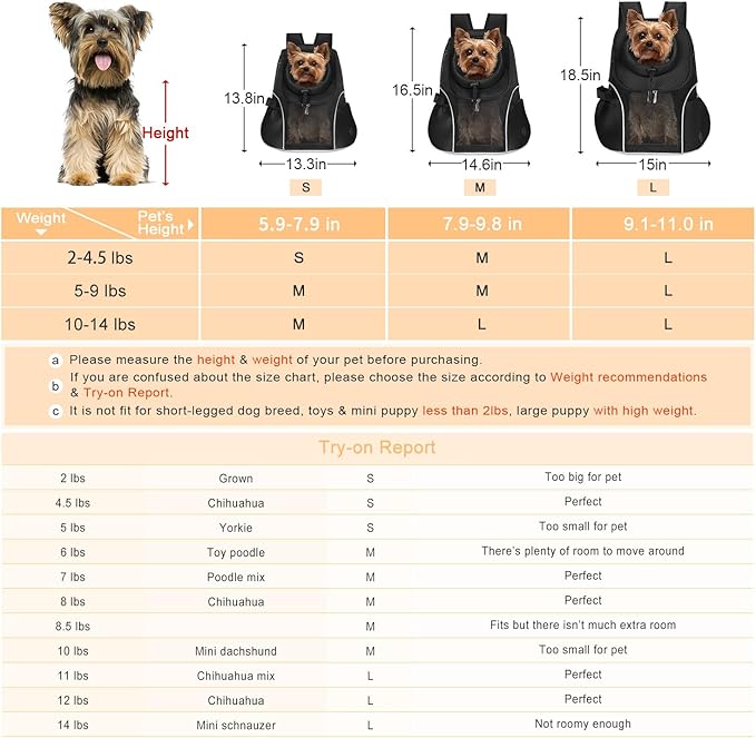 WOYYHO Pet Dog Carrier Backpack Small Dog Front Backpack Ventilated Mesh Dog Travel Back Pack with Safety Belt for Travel Hiking Cycling Outdoor Adventures (Size L: 10-14 lbs, Black)