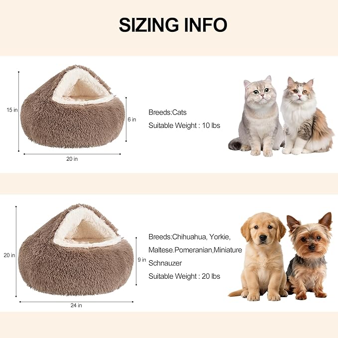 Calming Dog Beds & Cat Cave Bed with Hooded Cover,Removable Washable Round Beds for Small Medium Pets,Anti-Slip Faux Fur Fluffy Coved Bed for Improved Sleep,Fits up to 15/25 lbs(Khaki,M)