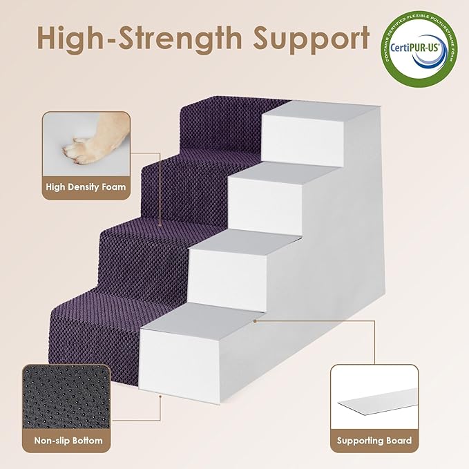 EHEYCIGA Dog Stairs for Bed 20" H, 4-Step Extra Wide Dog Steps for High Bed, Pet Steps for Small Dogs and Cats, Non-Slip Balanced Pet Ramp Indoor, Purple