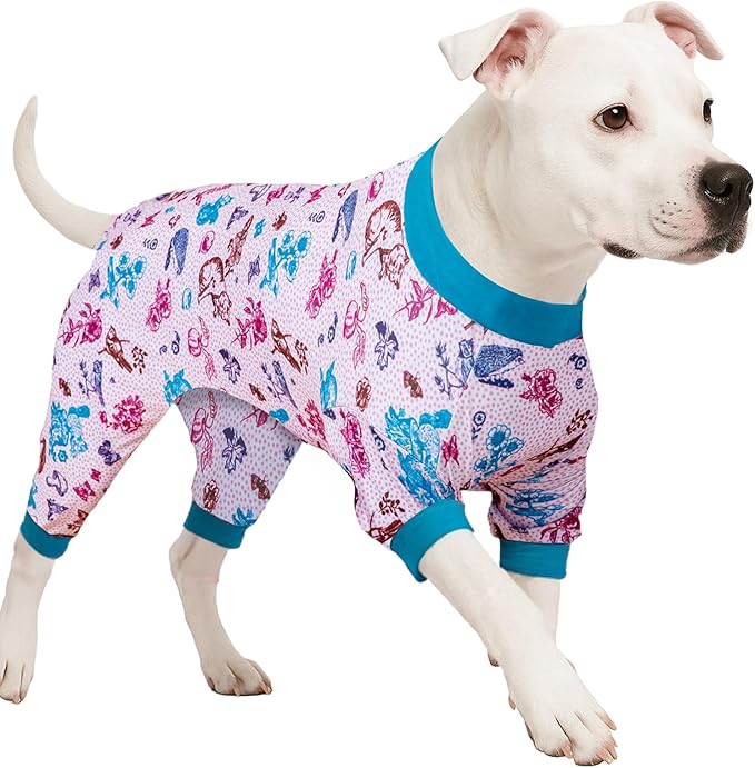 LovinPet Dog Pajamas Bodysuit for Giant Dogs, Pet Anxiety CalmingShirt, Lightweight Post Surgery Dog Pajamas, Garden Print, Pitbull Clothes, 4 Legged Style Pullover Dog Onesie, Large