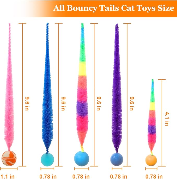 SHENGSEN Bouncy Ball with Tail Cat Toys-5 Packs,Rainbow Small Magic Worm with Ball Toy for Cats,Colorful Fuzzy Worm Bouncy Balls Cat Toy