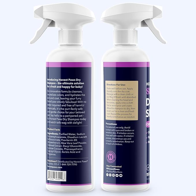 Honest Paws Dog Dry Shampoo - Waterless No Rinse Foaming Formula Reducing Itch Cleanse Hydrate Nourish Dry Skin and Smelly Coat Help Decrease Odor Shedding and Allergies - Oatmeal & Lavender - 8 fl oz