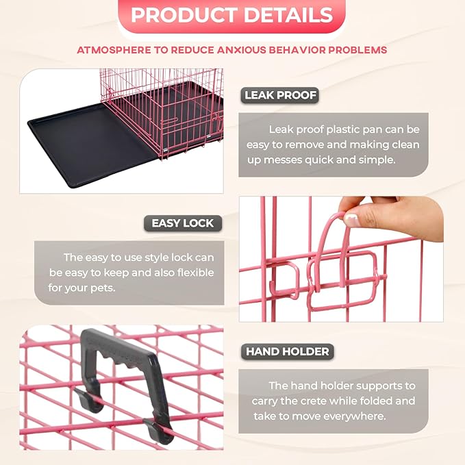 FDW Dog Crate for Large Dogs 42 Inch Folding Metal WirePet Cage Double Door W/Divider Panel Indoor Outdoor Kennel Leak-Proof Plastic Tray,Pink