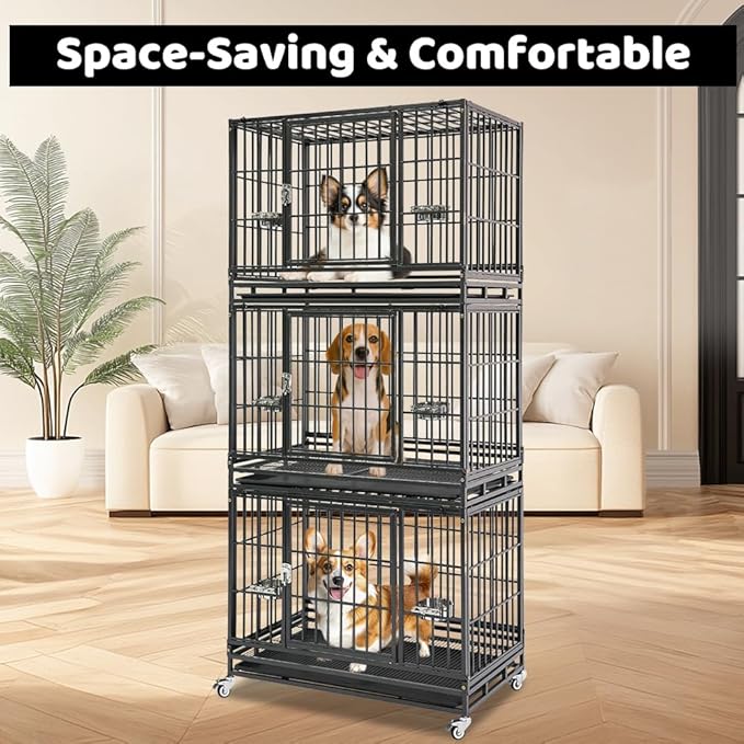 Homey Pet 3 Pack Three Levels 37 Inch Dog Crate, Escape Proof Dog Cage Kennel Indoor with Top Access and Lockable Wheels, Removable Tray, Heavy Duty Dog Crates for Medium/Small Dogs