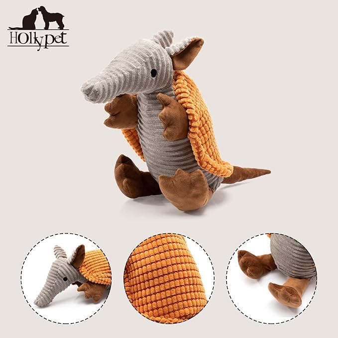 Hollypet Plush Dog Squeaky Toy Stuffed Armadillo Animal Pet Puppy Chew Toys with Clean Teeth for Small Medium Large All Breed Sizes Dogs, Orange, 14 in