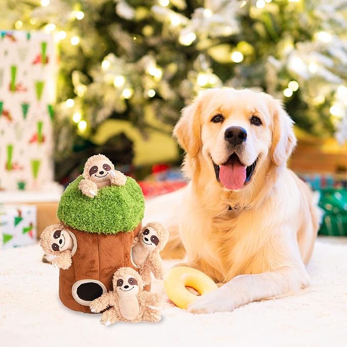 Interactive Squeaky Dog Toys Plush Sloth Dog Toy, Stuffing Woodland Friends Burrow, Dog Toys for Small Medium Large Dogs, Squeaky Plush Dog Toy (Medium)