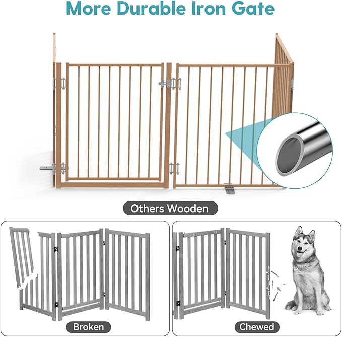 No Pawblems Free Standing Dog Gate with Door, 30'' Tall Foldable Dog Fence for Indoor & Outdoor, Up to 104" Extra Wide Puppy Gate for Stairs, Hallways, Doorways, Deck, Yard (Wood Pattern, 4 Panels)