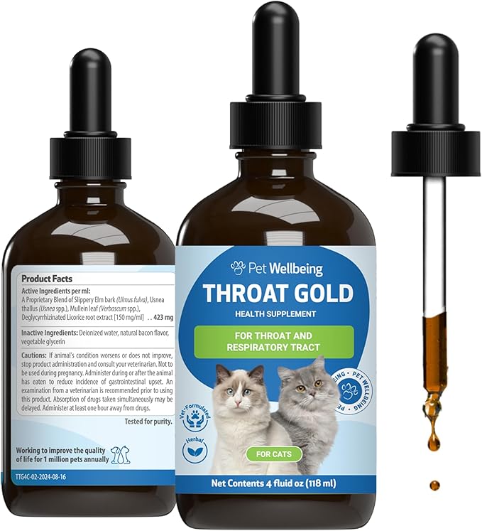 Pet Wellbeing Throat Gold for Cats - Supports Occasional Cough & Throat Discomfort, Healthy Airway, Mucilage Herbs - Vet-Formulated Herbal Supplement - 4 oz (118 ml)