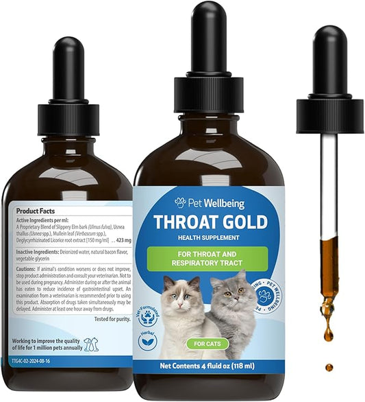 Pet Wellbeing Throat Gold for Cats - Supports Occasional Cough & Throat Discomfort, Healthy Airway, Mucilage Herbs - Vet-Formulated Herbal Supplement - 4 oz (118 ml)