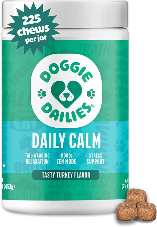 Doggie Dailies Calming Chews for Dogs - Melatonin for Dogs with Chamomile to Help Manage Stress Relief - Calm & Relaxation During Thunderstorms, Fireworks, Travel, & Separation (Turkey) 225 Soft Chews